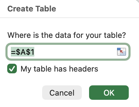 showing the header field when creating a table in Excel
